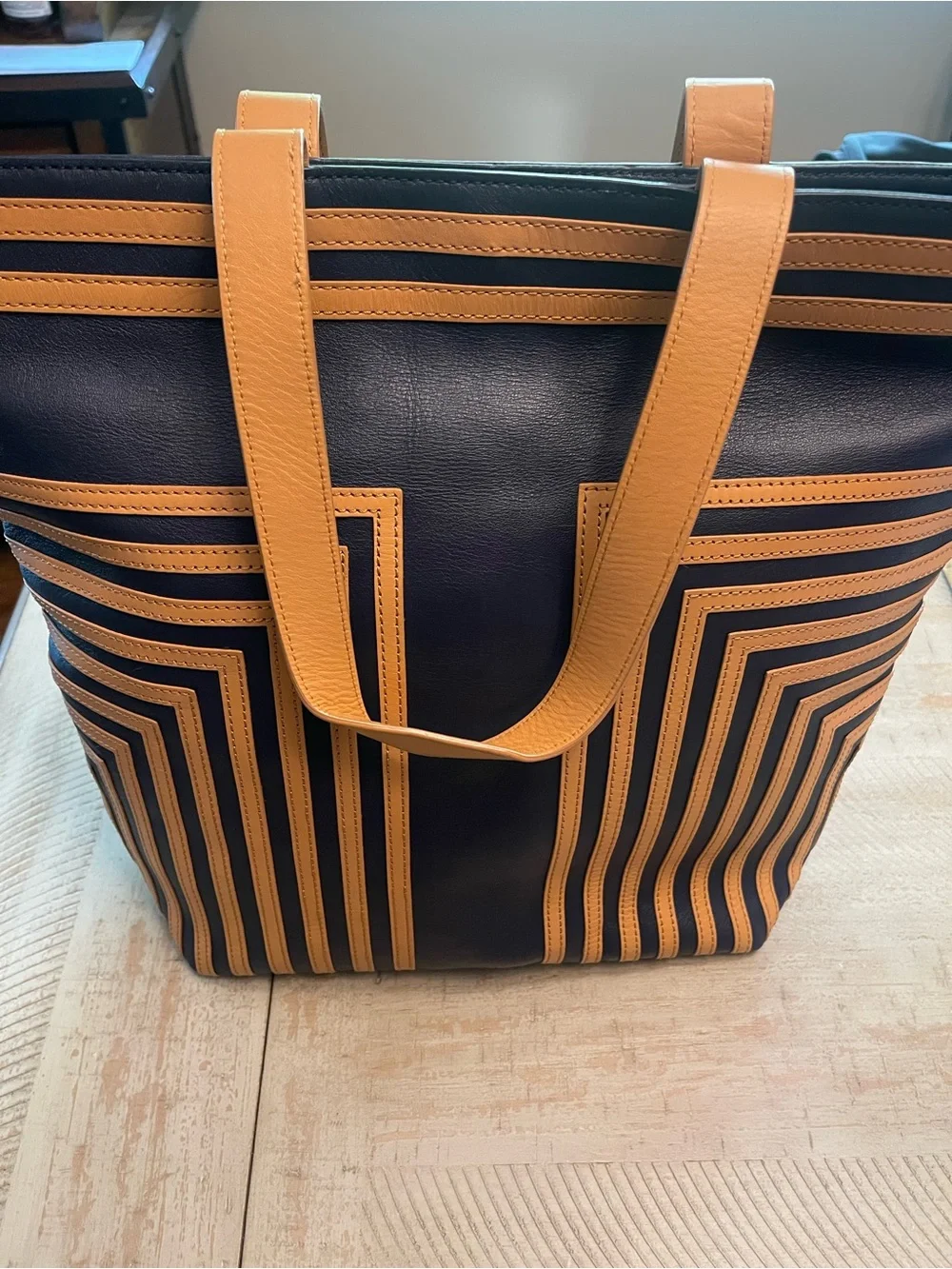 Tory Burch Navy and Tan Geometric Stripe Leather Tote